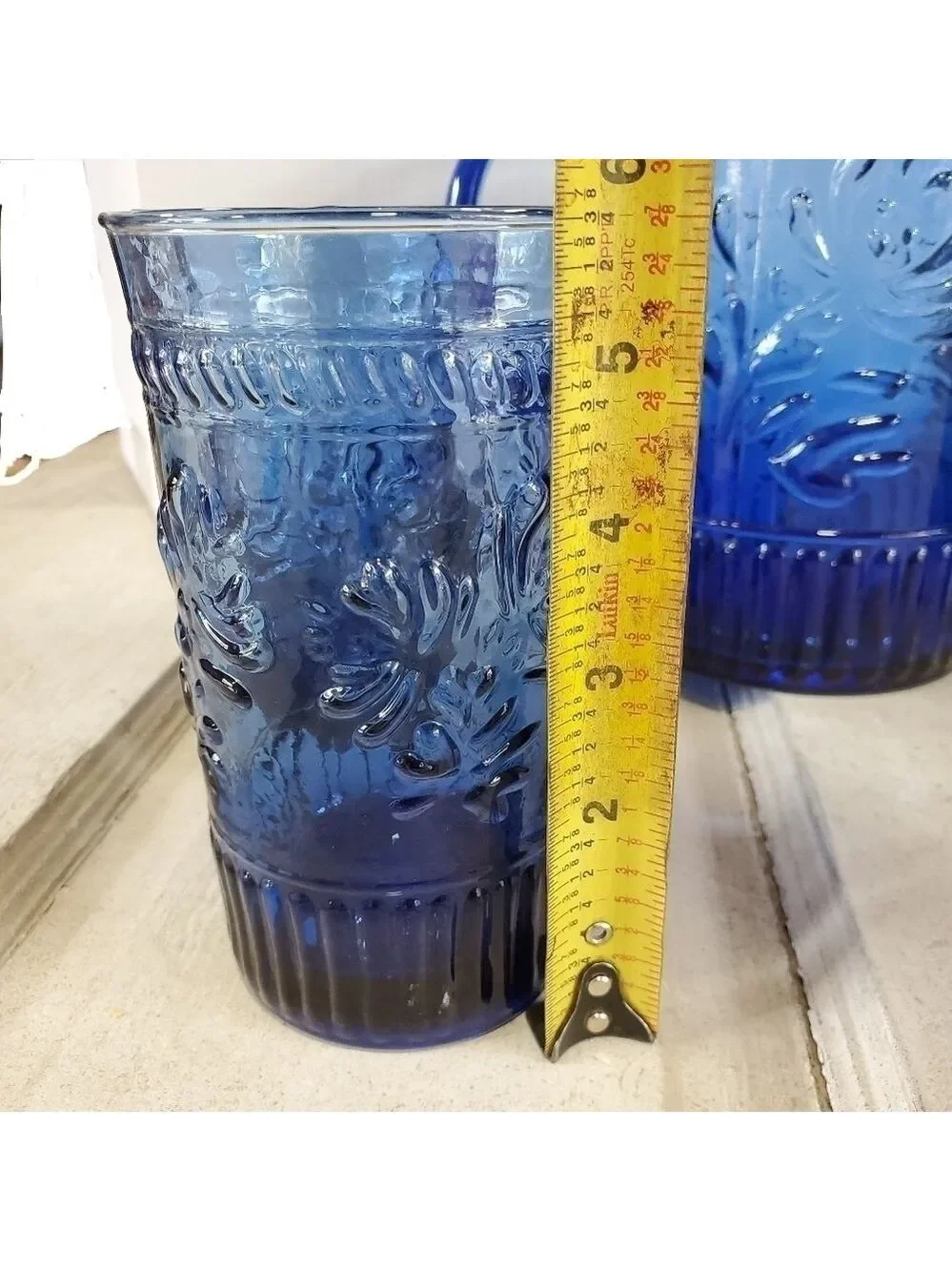 Vintage 4pc cobalt blue glass Pitcher & 3 glasses set floral leaf patterned